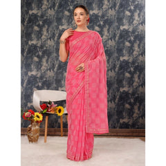 Generic Women's Zomto Cheked Saree With Unstitched Blouse (Pink, 5-6 Mtrs)