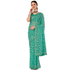 Generic Women's Zomto Printed Saree With Unstitched Blouse (Turquoise Green, 5-6 Mtrs)