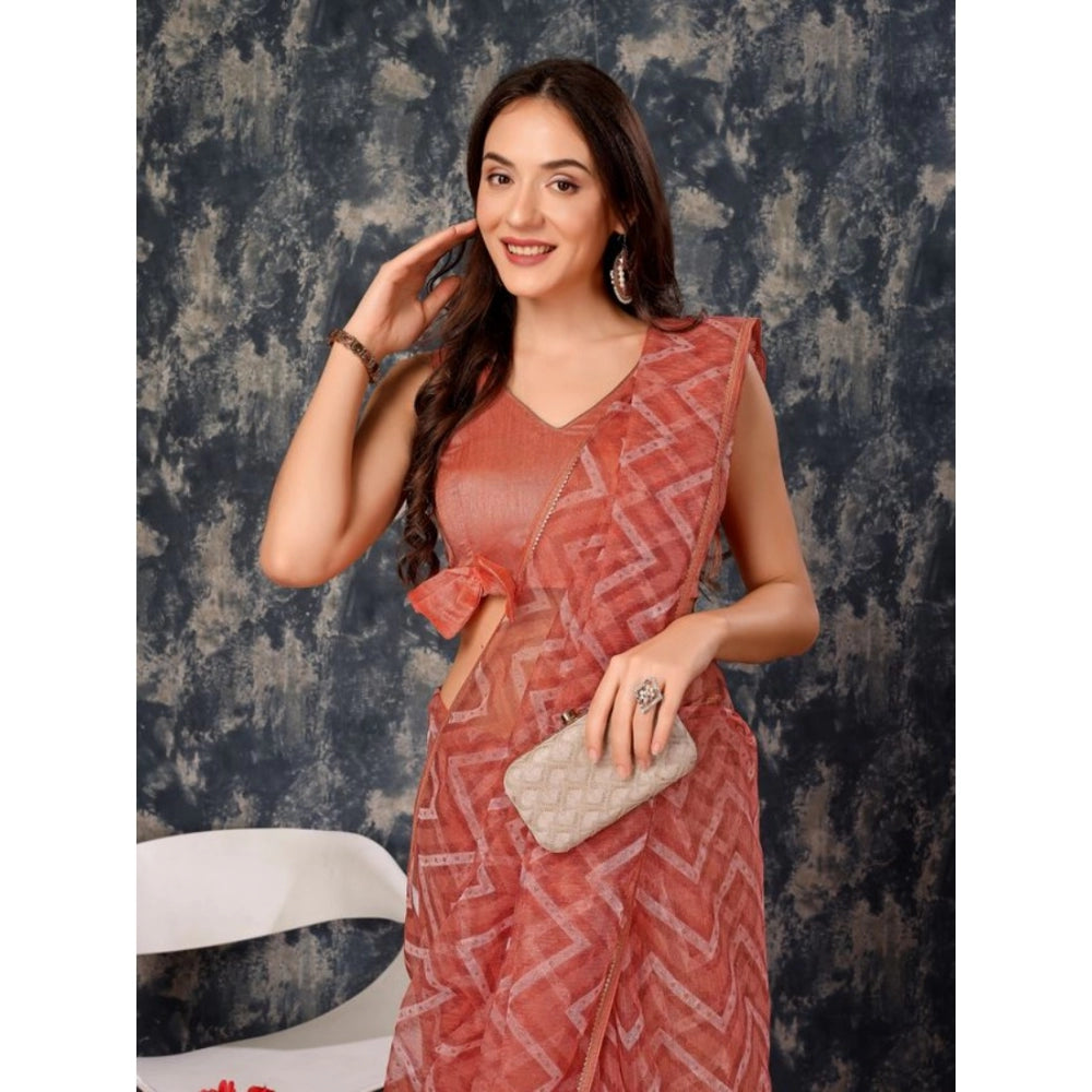 Generic Women's Linen Zig Zag Saree With Unstitched Blouse (Peach, 5-6 Mtrs)