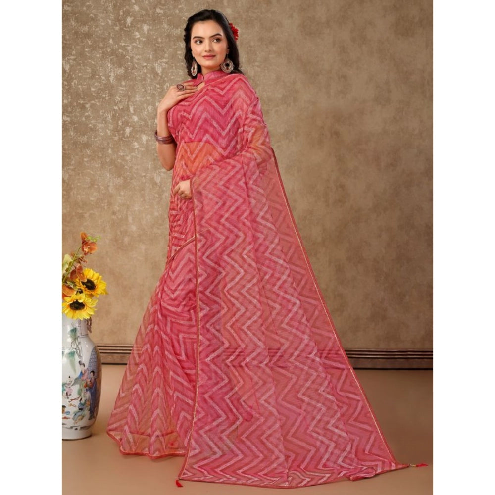 Generic Women's Linen Zig Zag Saree With Unstitched Blouse (Pink, 5-6 Mtrs)