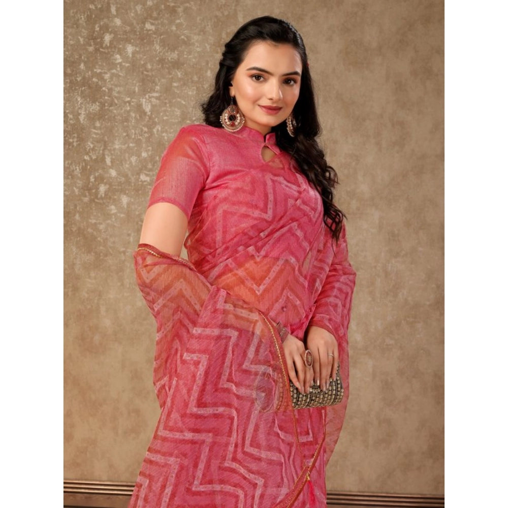 Generic Women's Linen Zig Zag Saree With Unstitched Blouse (Pink, 5-6 Mtrs)