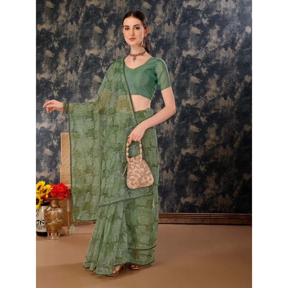 Generic Women's Linen Floral Printed Saree With Unstitched Blouse (Green, 5-6 Mtrs)