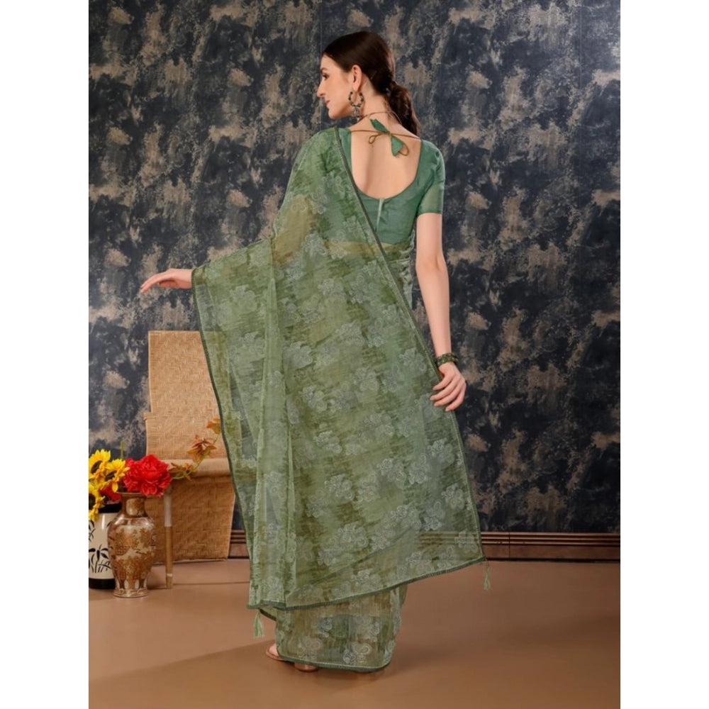 Generic Women's Linen Floral Printed Saree With Unstitched Blouse (Green, 5-6 Mtrs)