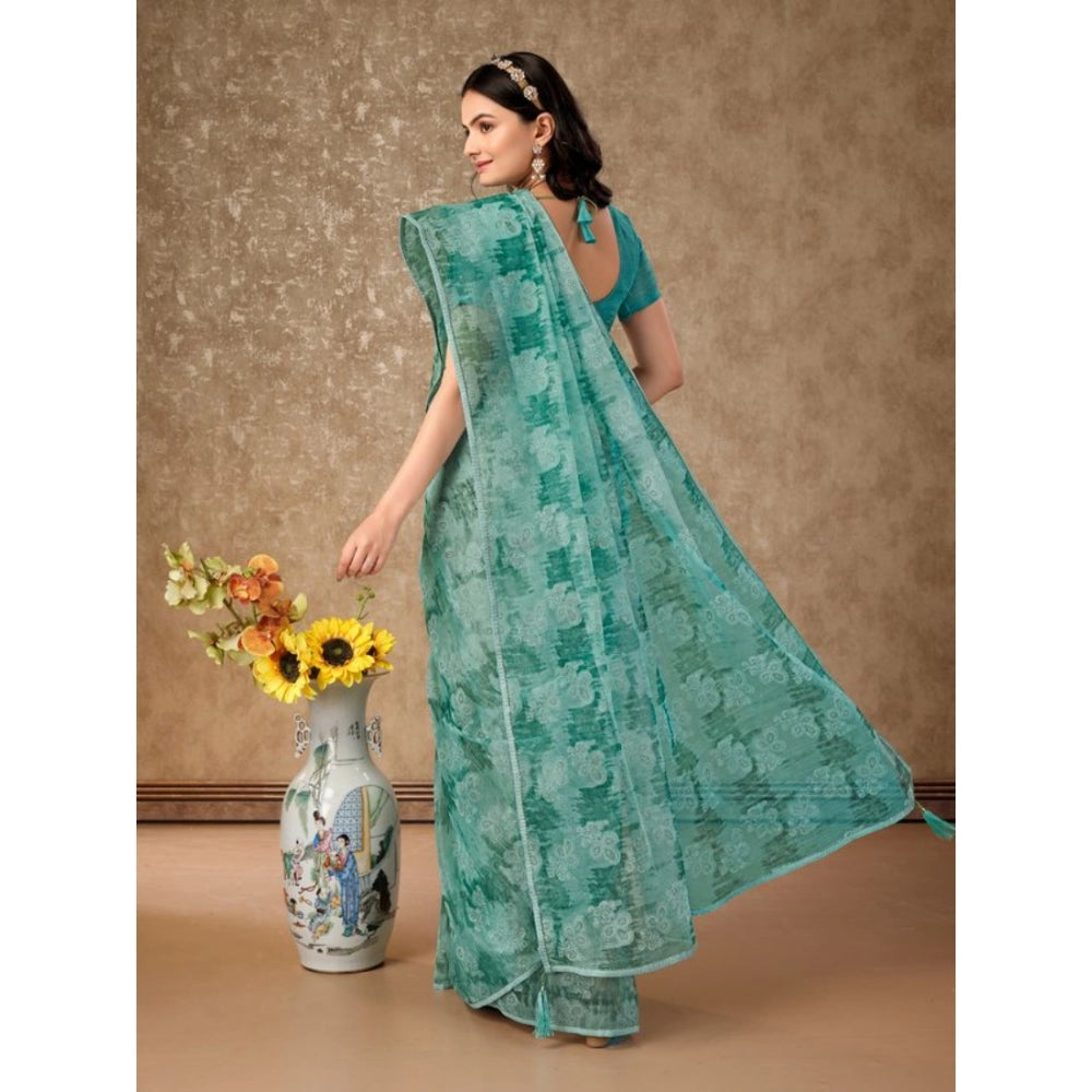 Generic Women's Linen Floral Printed Saree With Unstitched Blouse (Turquies Green, 5-6 Mtrs)