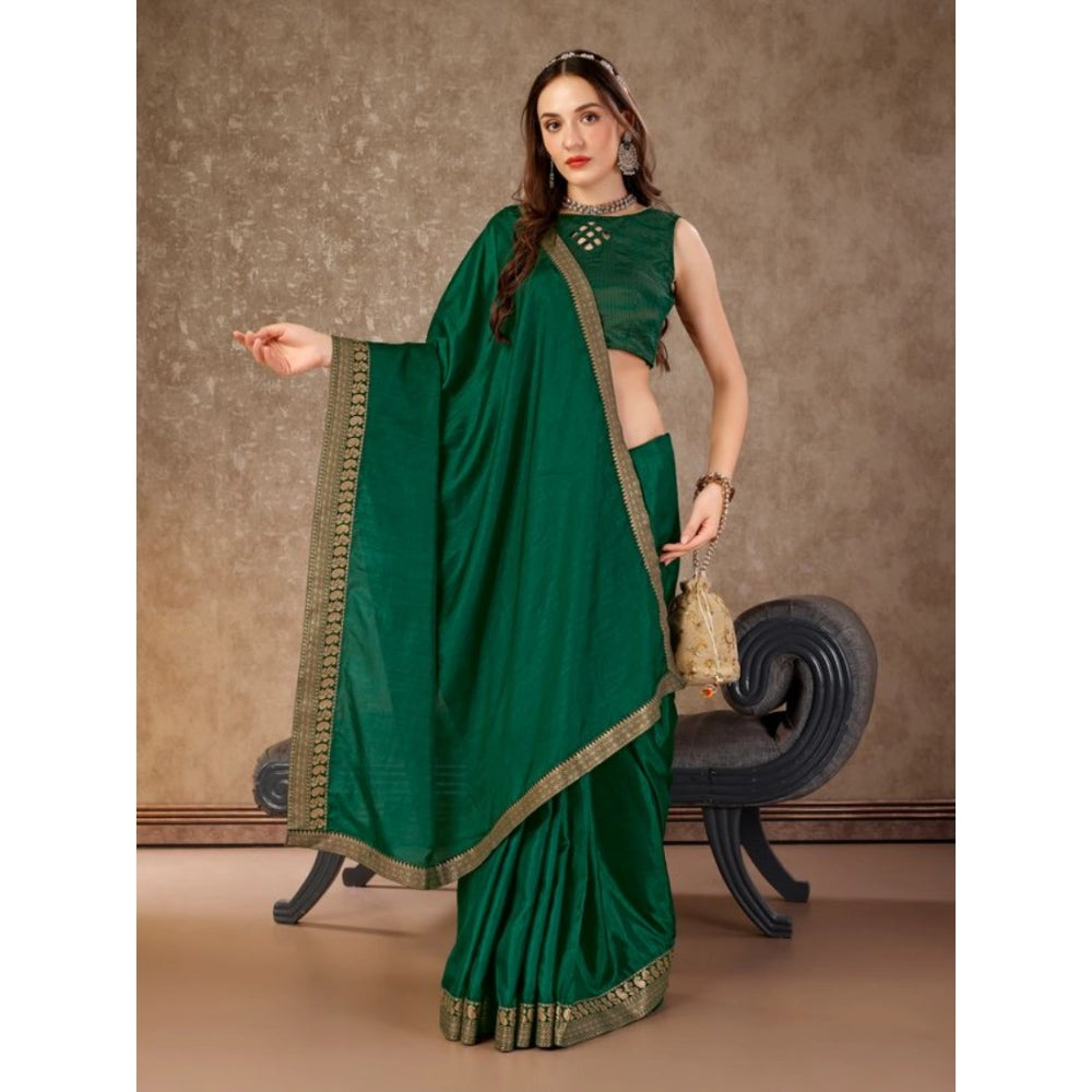 Generic Women's Vichitra Plain Saree With Unstitched Blouse (Green, 5-6 Mtrs)