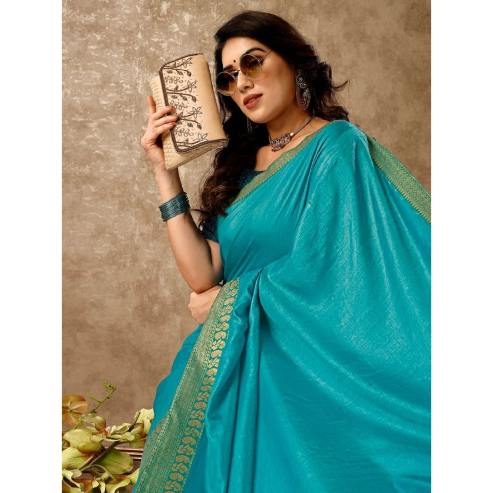 Generic Women's Vichitra Plain Saree With Unstitched Blouse (Teal Blue, 5-6 Mtrs)