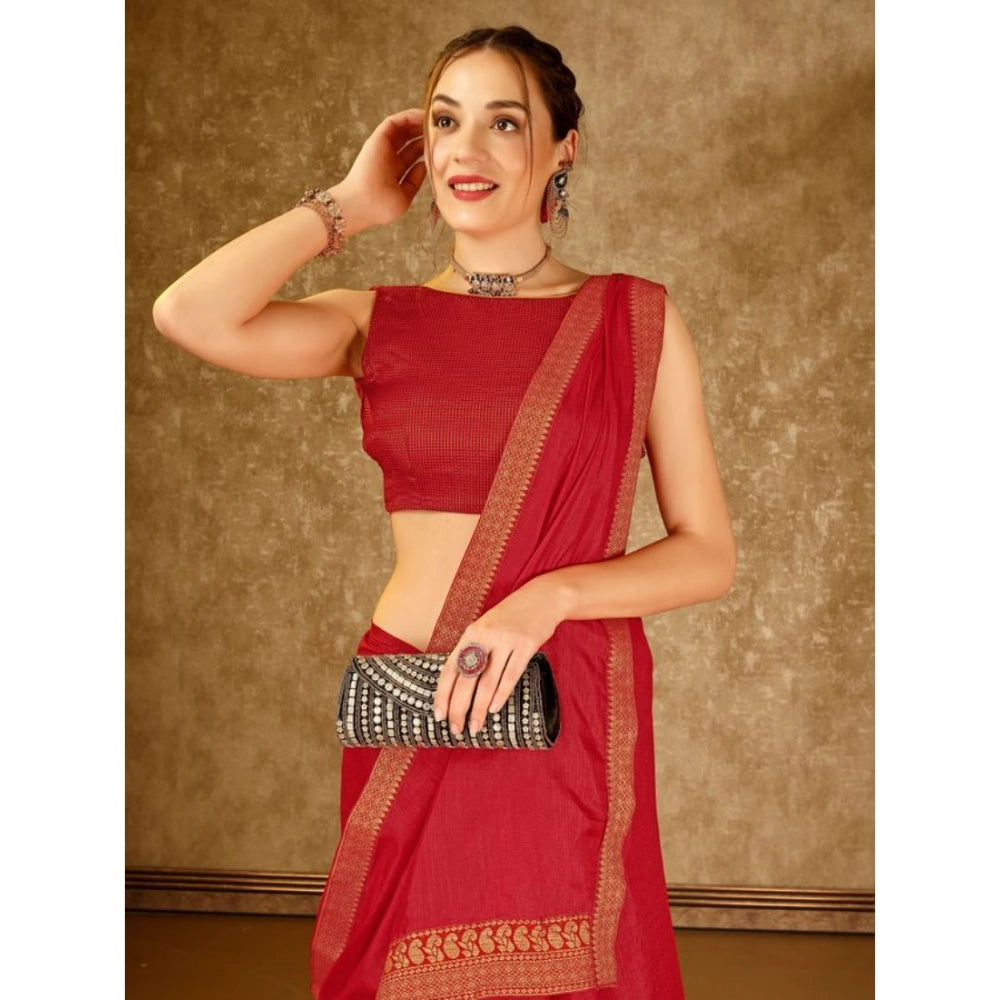 Generic Women's Vichitra Plain Saree With Unstitched Blouse (Red, 5-6 Mtrs)