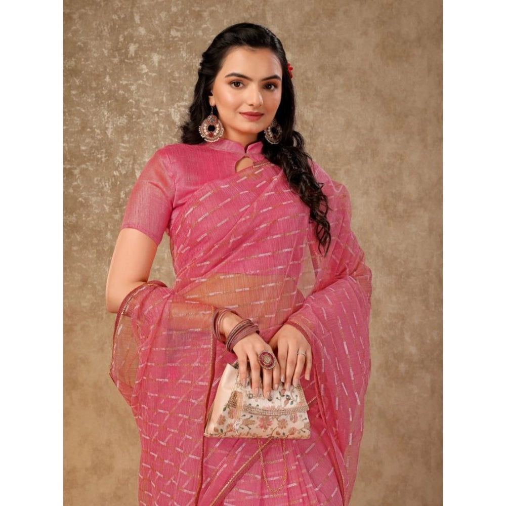 Generic Women's Linen Line Saree With Unstitched Blouse (Pink, 5-6 Mtrs)