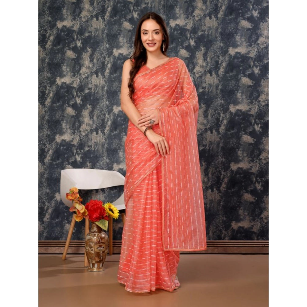 Generic Women's Linen Line Saree With Unstitched Blouse (Orange, 5-6 Mtrs)