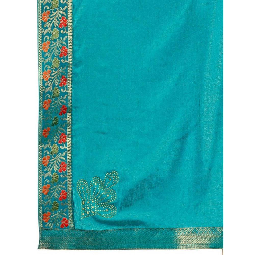 Generic Women's Vichitra Swiroshki Butta Saree With Unstitched Blouse (Turquies Blue, 5-6 Mtrs)