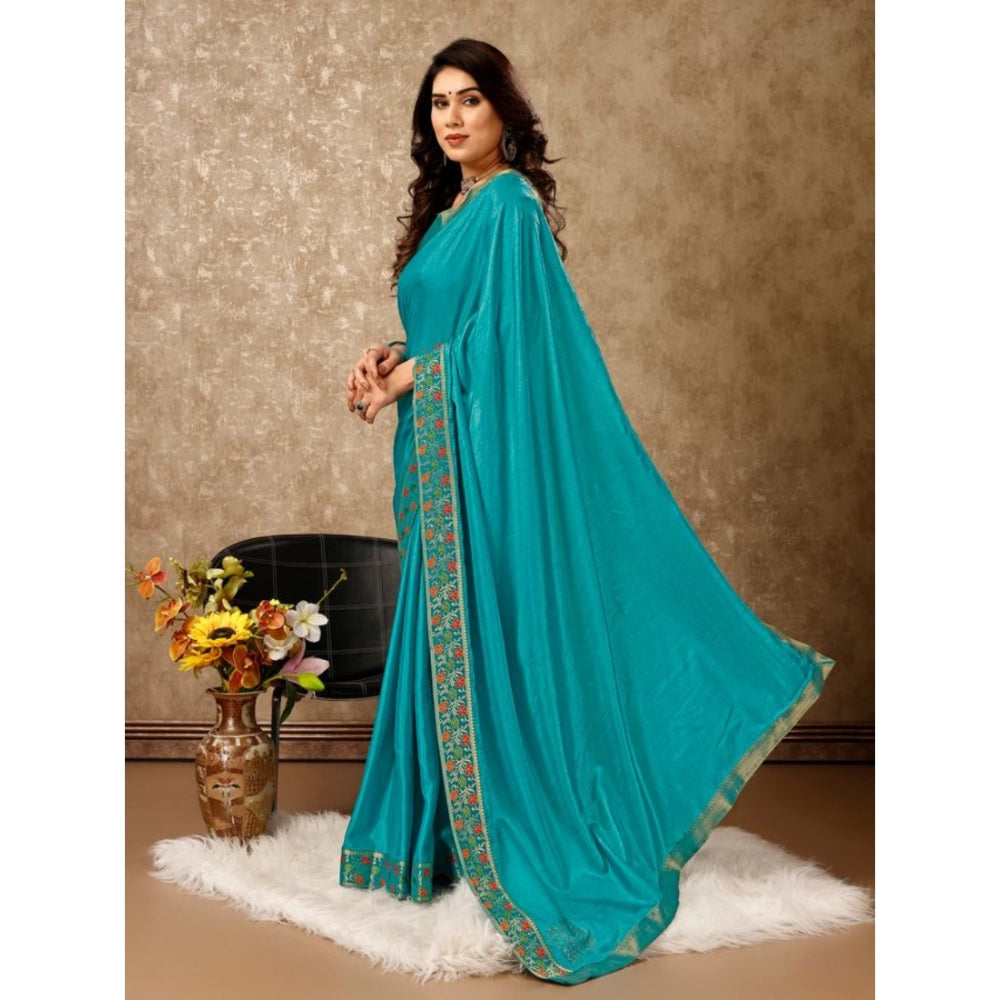 Generic Women's Vichitra Swiroshki Butta Saree With Unstitched Blouse (Turquies Blue, 5-6 Mtrs)