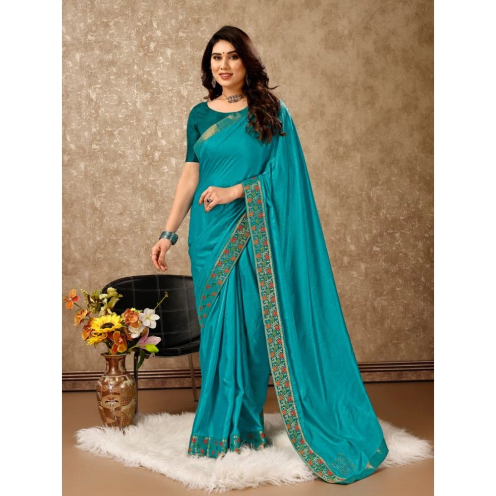 Generic Women's Vichitra Swiroshki Butta Saree With Unstitched Blouse (Turquoise Blue, 5-6 Mtrs)