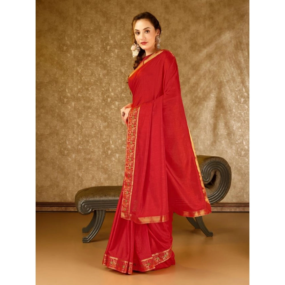 Generic Women's Vichitra Swiroshki Butta Saree With Unstitched Blouse (Red, 5-6 Mtrs)