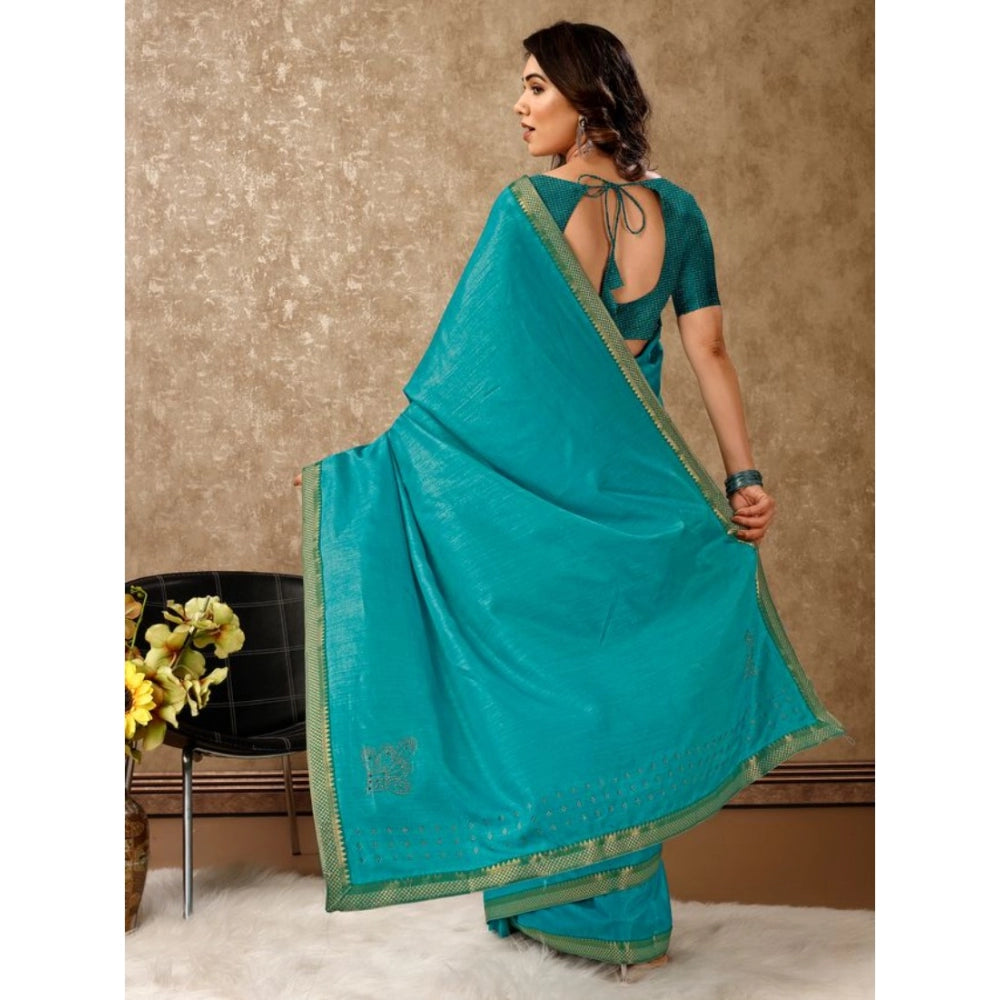 Generic Women's Vichitra Swiroshki Butta Saree With Unstitched Blouse (Teal Blue, 5-6 Mtrs)