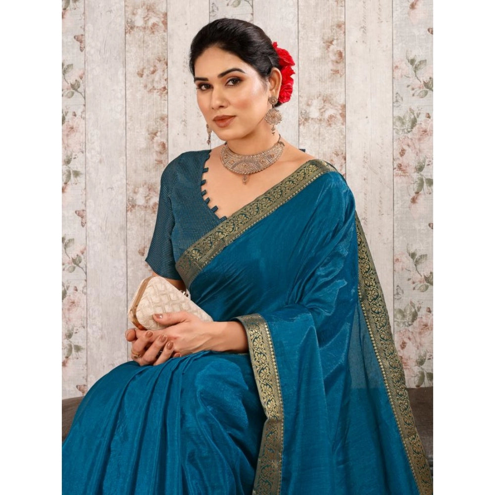 Generic Women's Vichitra Swiroshki Butta Saree With Unstitched Blouse (Blue, 5-6 Mtrs)