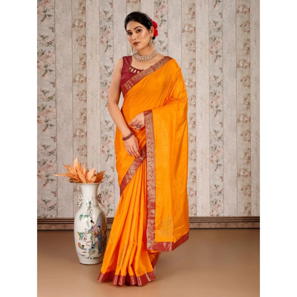 Generic Women's Vichitra Swiroshki Butta Saree With Unstitched Blouse (Yellow, 5-6 Mtrs)