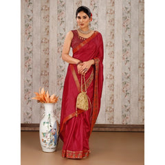 Generic Women's Vichitra Swiroshki Butta Saree With Unstitched Blouse (Maroon, 5-6 Mtrs)