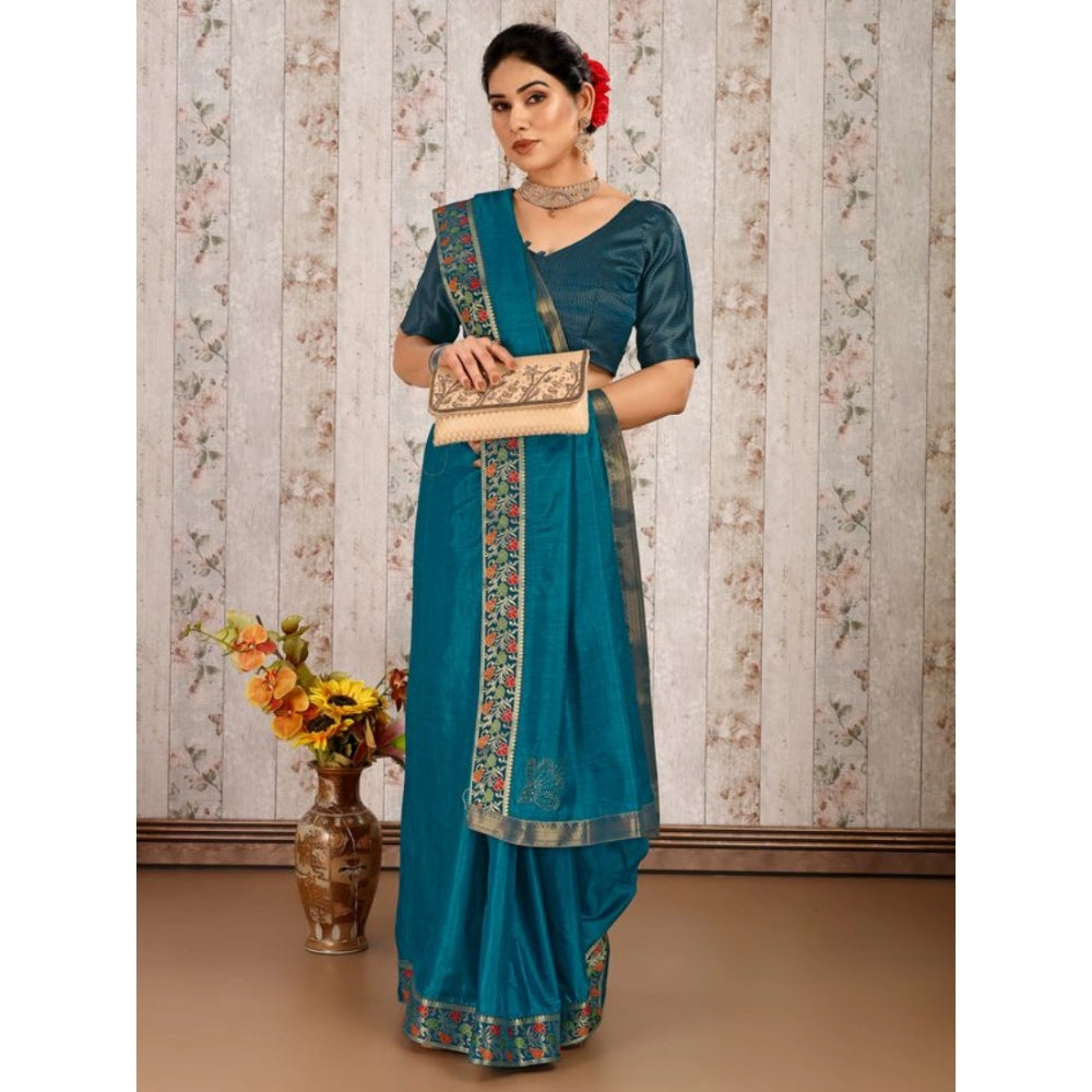 Generic Women's Vichitra Swiroshki Butta Saree With Unstitched Blouse (Teal Blue, 5-6 Mtrs)