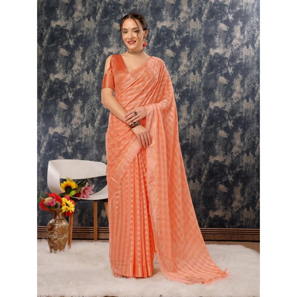 Generic Women's Chiffon Fabric Line Saree With Unstitched Blouse (Peach, 5-6 Mtrs)