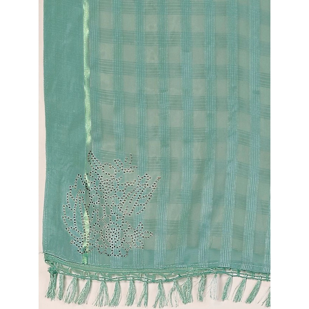 Generic Women's Chiffon Fabric Line Saree With Unstitched Blouse (Turquoise green, 5-6 Mtrs)