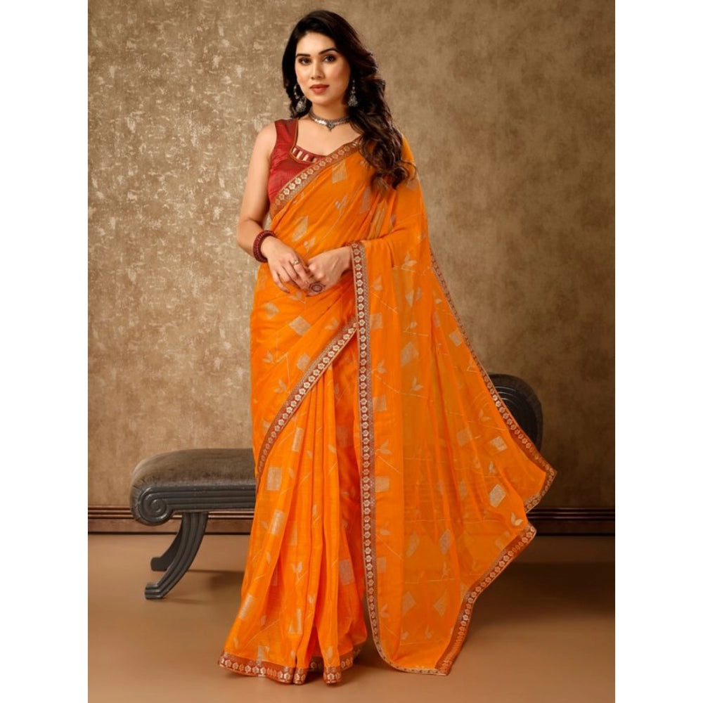 Generic Women's Zomto Patta Chiffon Saree With Unstitched Blouse (Yellow, 5-6 Mtrs)