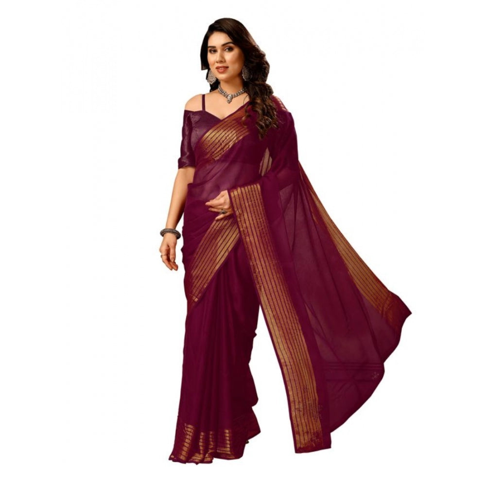 Generic Women's Chiffon Fabric Plain Saree With Unstitched Blouse (Wine, 5-6 Mtrs)