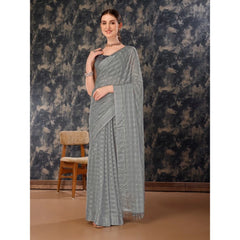 Generic Women's Chiffon Fabric Line Saree With Unstitched Blouse (Grey, 5-6 Mtrs)