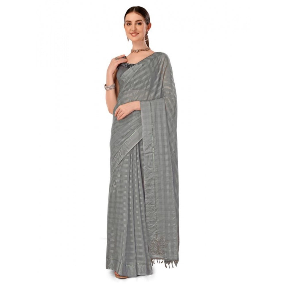 Generic Women's Chiffon Fabric Line Saree With Unstitched Blouse (Grey, 5-6 Mtrs)