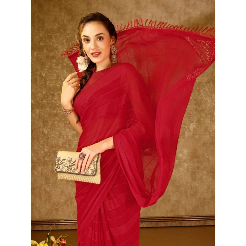 Generic Women's Chiffon Fabric Line Saree With Unstitched Blouse (Red, 5-6 Mtrs)