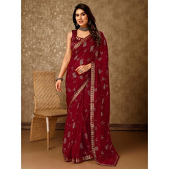 Generic Women's Zomto Patta Chiffon Saree With Unstitched Blouse (Maroon, 5-6 Mtrs)