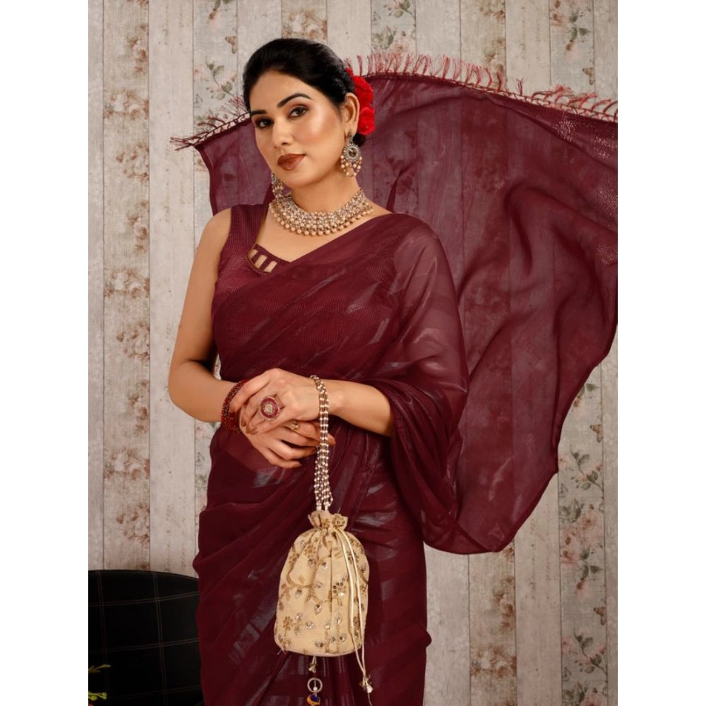 Generic Women's Chiffon Fabric Line Saree With Unstitched Blouse (Maroon, 5-6 Mtrs)