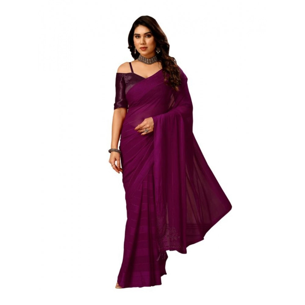 Generic Women's Chiffon Fabric Line Saree With Unstitched Blouse (Wine, 5-6 Mtrs)