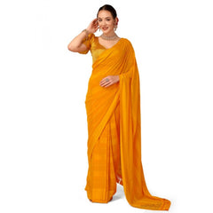 Generic Women's Chiffon Fabric Line Saree With Unstitched Blouse (Yellow, 5-6 Mtrs)