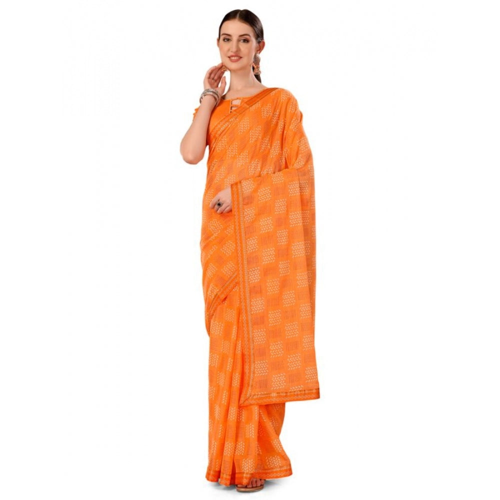 Generic Women's Zomto Cheked Saree With Unstitched Blouse (Orange, 5-6 Mtrs)