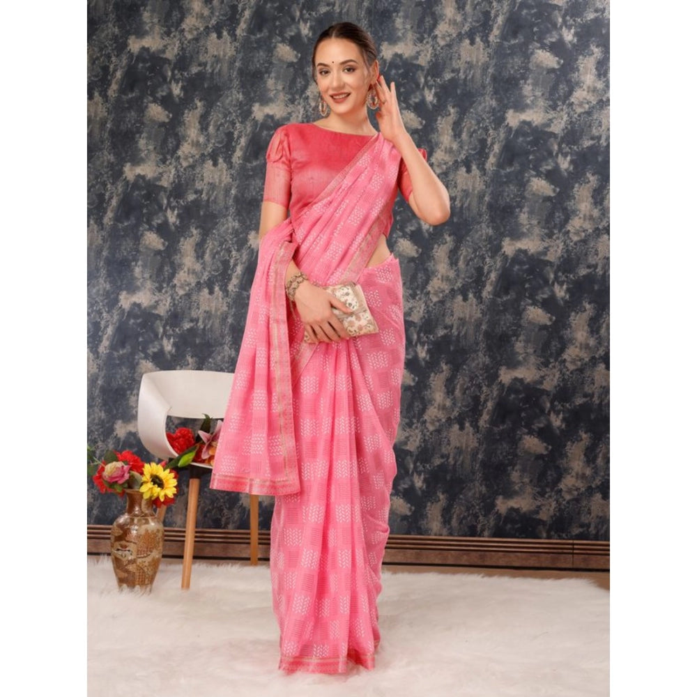 Generic Women's Zomto Cheked Saree With Unstitched Blouse (Pink, 5-6 Mtrs)