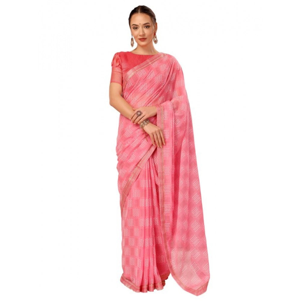 Generic Women's Zomto Cheked Saree With Unstitched Blouse (Pink, 5-6 Mtrs)