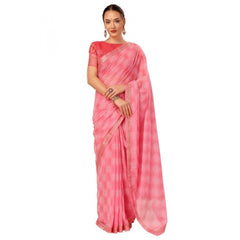 Generic Women's Zomto Checked Saree With Unstitched Blouse (Pink, 5-6 Mtrs)