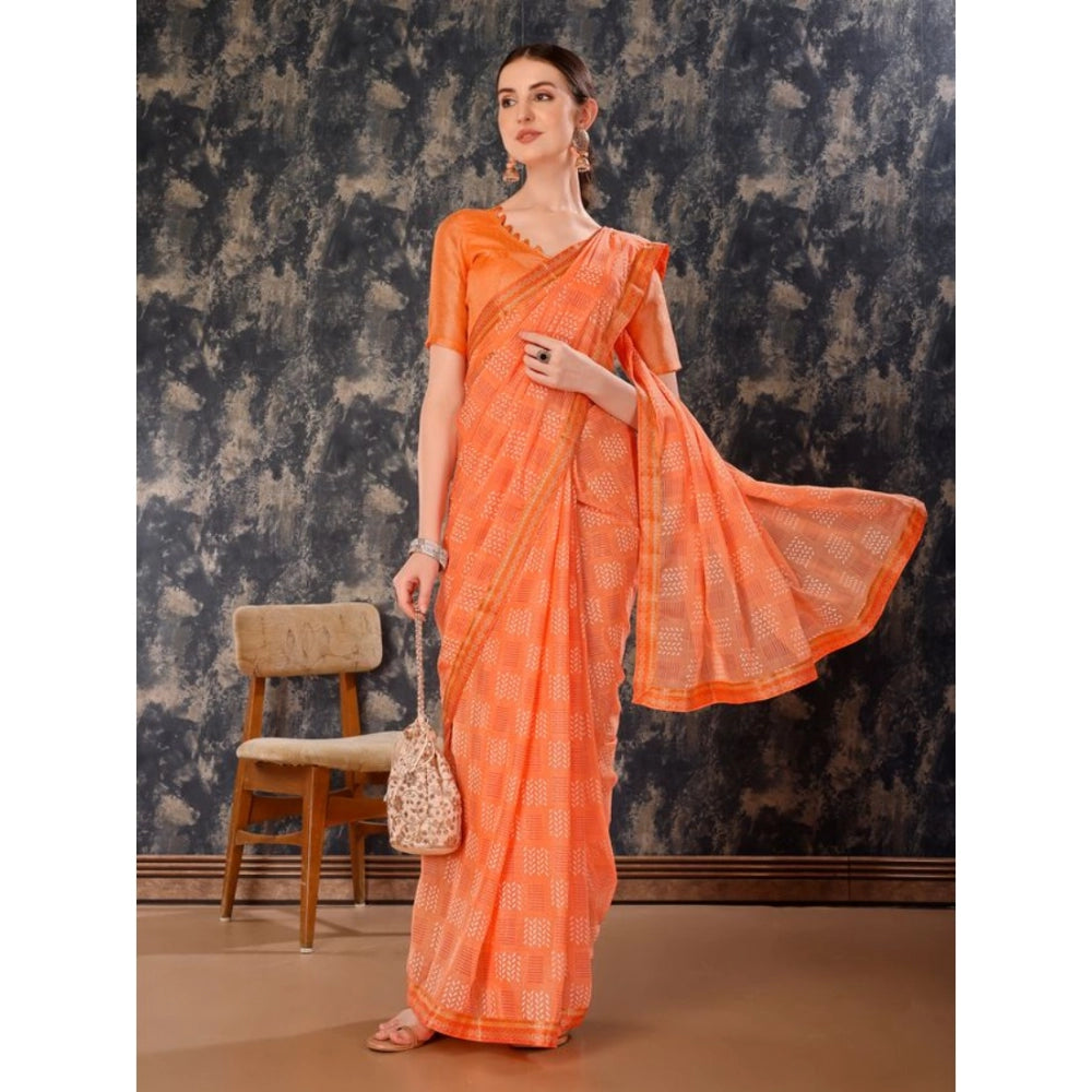 Generic Women's Zomto Cheked Saree With Unstitched Blouse (Peach, 5-6 Mtrs)