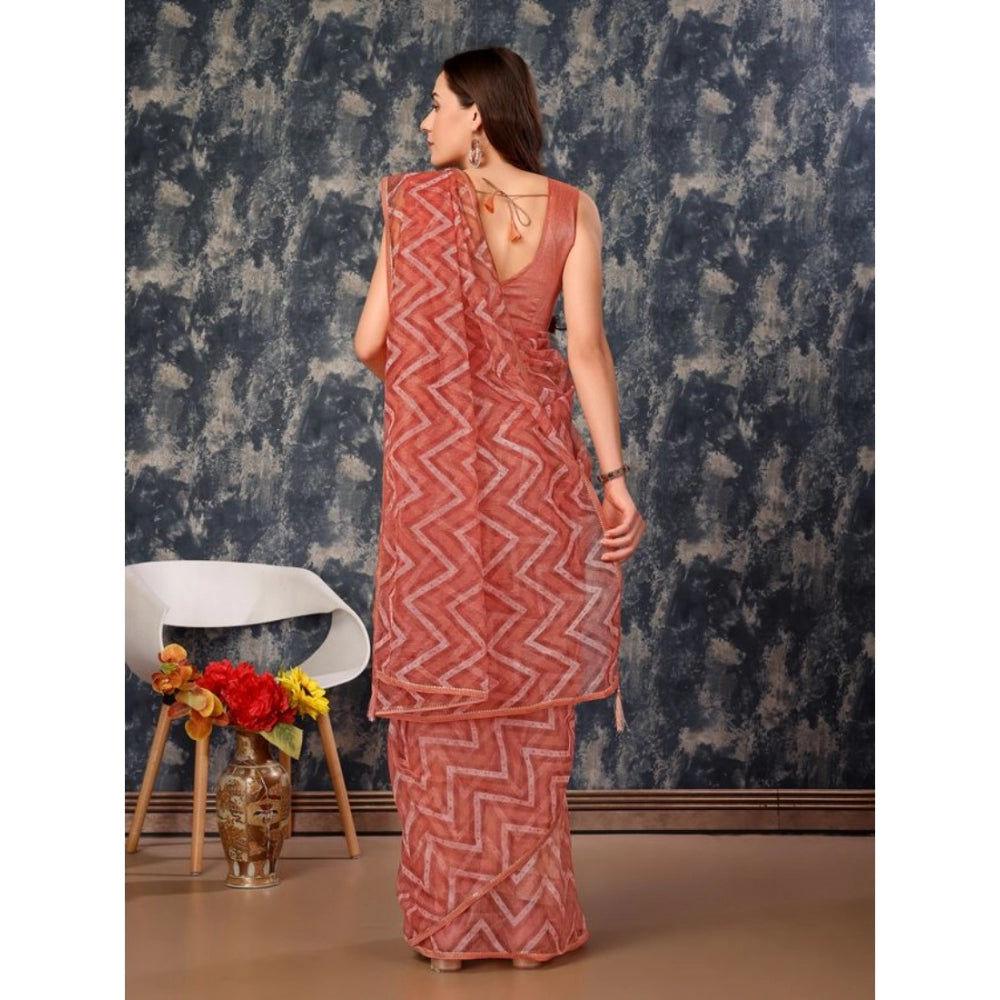 Generic Women's Linen Zig Zag Saree With Unstitched Blouse (Peach, 5-6 Mtrs)