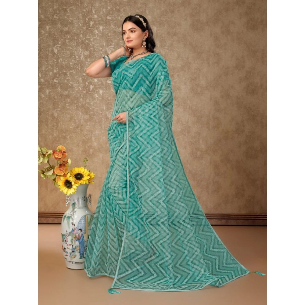 Generic Women's Linen Zig Zag Saree With Unstitched Blouse (Turquoise Green, 5-6 Mtrs)