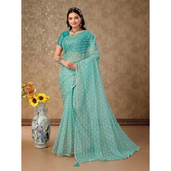 Generic Women's Linen Line Saree With Unstitched Blouse (Turquoise Green, 5-6 Mtrs)