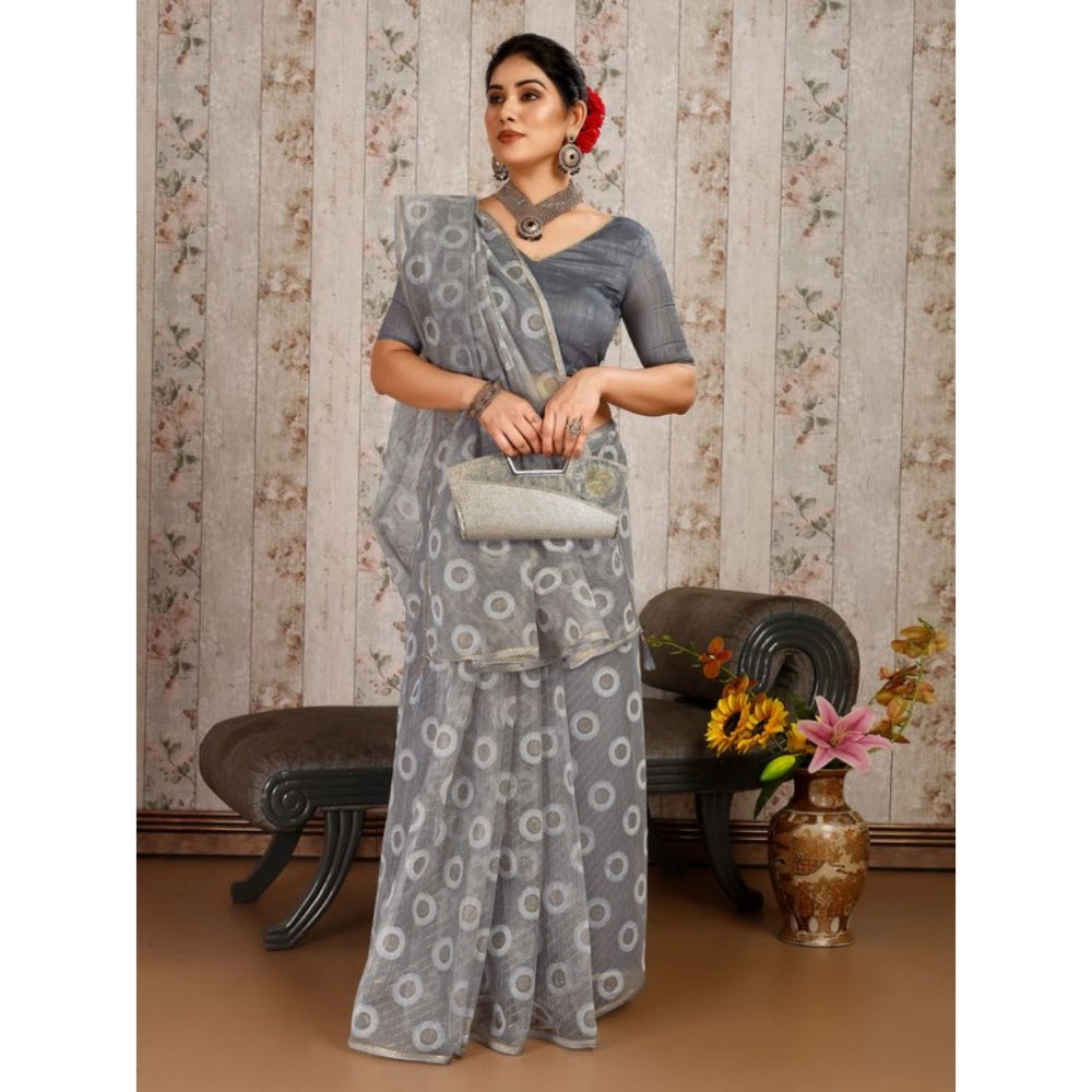 Generic Women's Linen Gola Printed Saree With Unstitched Blouse (Grey, 5-6 Mtrs)