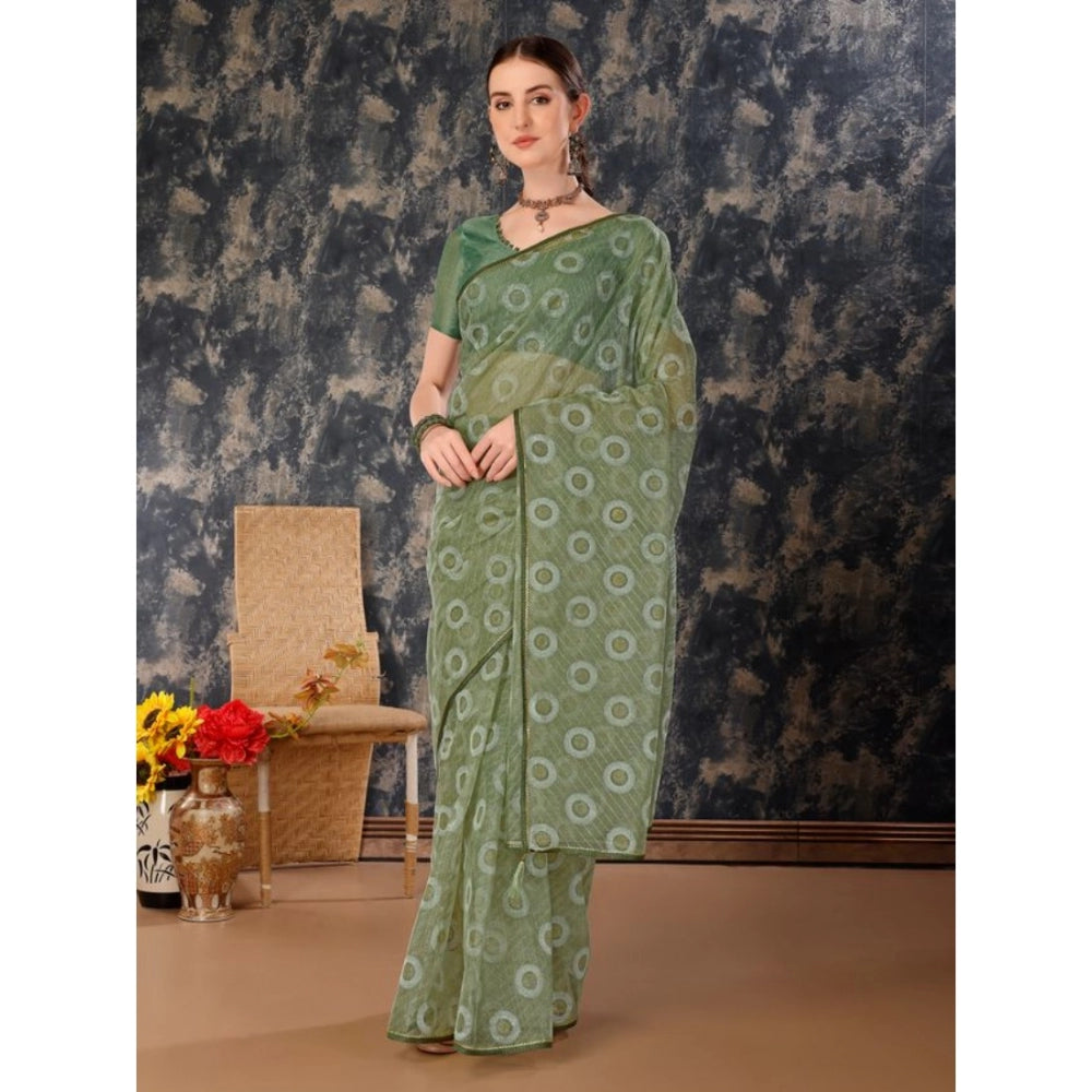 Generic Women's Linen Gola Printed Saree With Unstitched Blouse (Green, 5-6 Mtrs)