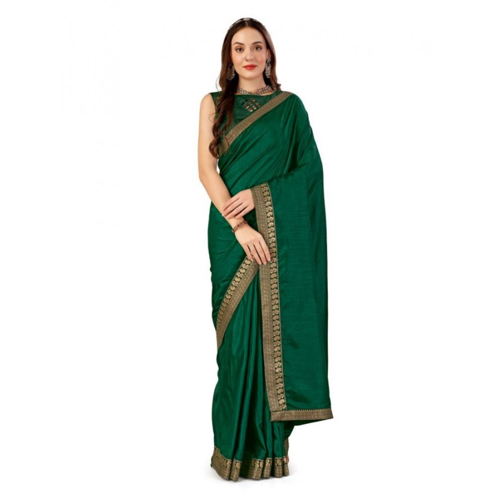 Generic Women's Vichitra Plain Saree With Unstitched Blouse (Green, 5-6 Mtrs)