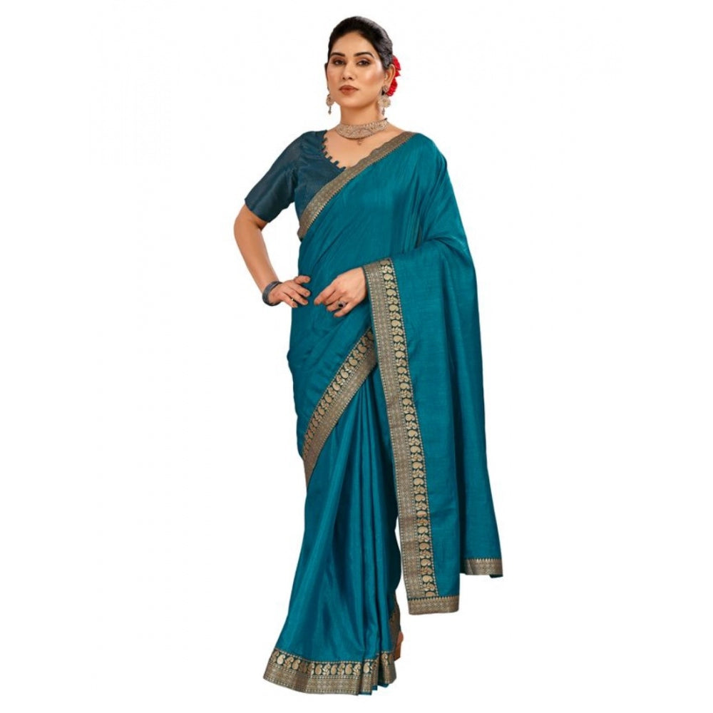 Generic Women's Vichitra Plain Saree With Unstitched Blouse (Blue, 5-6 Mtrs)