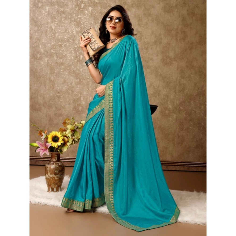 Generic Women's Vichitra Plain Saree With Unstitched Blouse (Teal Blue, 5-6 Mtrs)