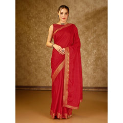 Generic Women's Vichitra Plain Saree With Unstitched Blouse (Red, 5-6 Mtrs)