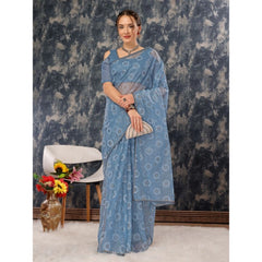 Generic Women's Linen Line Saree With Unstitched Blouse (Sky Blue, 5-6 Mtrs)