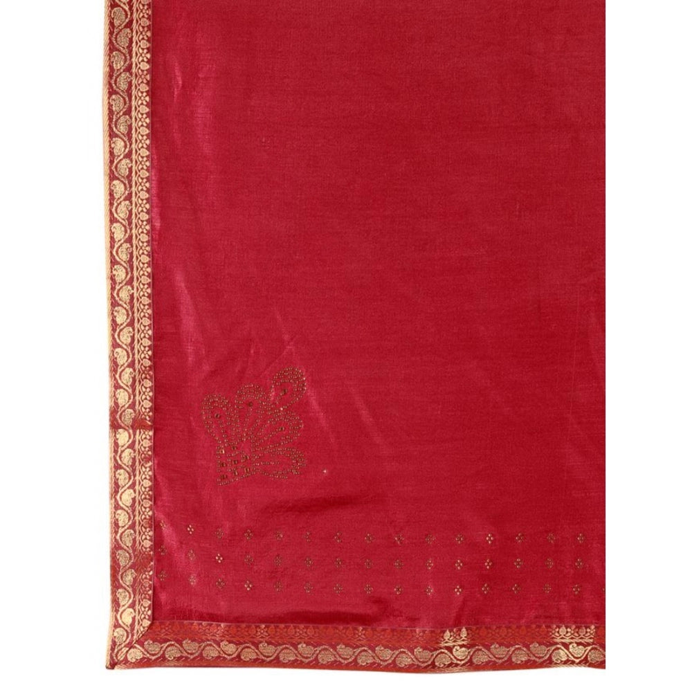 Generic Women's Vichitra Swiroshki Butta Saree With Unstitched Blouse (Maroon, 5-6 Mtrs)