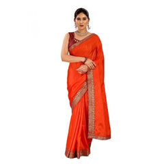 Generic Women's Vichitra Plain Saree With Unstitched Blouse (Orange, 5-6 Mtrs)